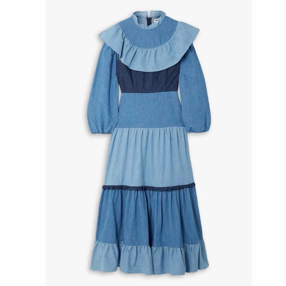 RIXO Sara Tiered Ruffled Denim Midi Dress Size Medium US 8 UK 12